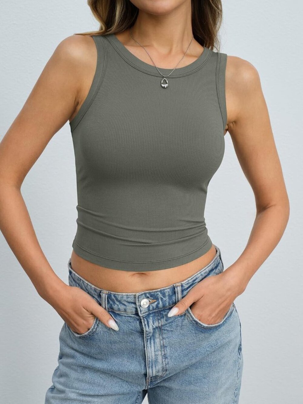 〽️Women's Grey Green Short Sleeveless High Neck Slim Fit Shirts Crop Tank Tops
